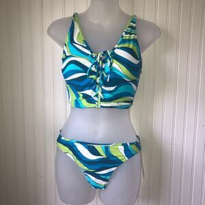 MICHAEL KORS Retail $180 Blue Swirl Lace Up Longline 2 Piece Bikini Size Small